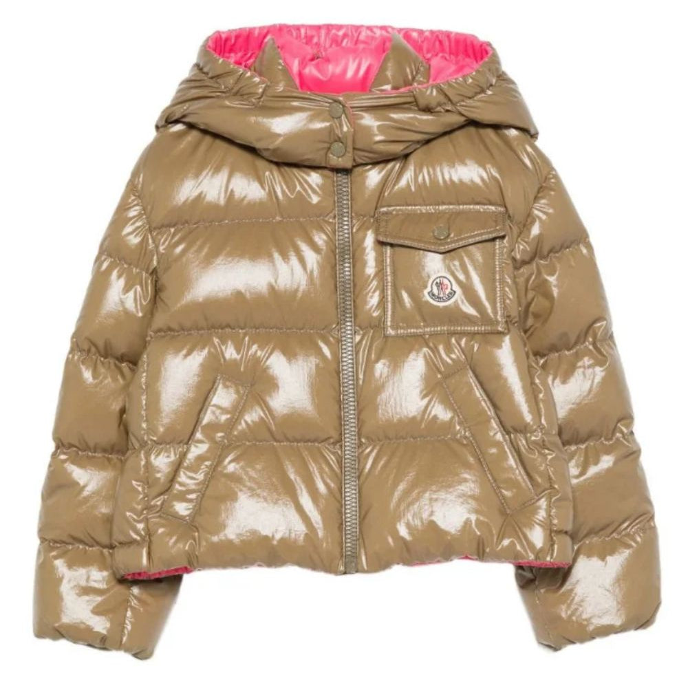 Giubbino imbottito per bambina Moncler Kids marrone con cappuccio a contrasto L29541A00003597EU 82E MONCLER KIDS