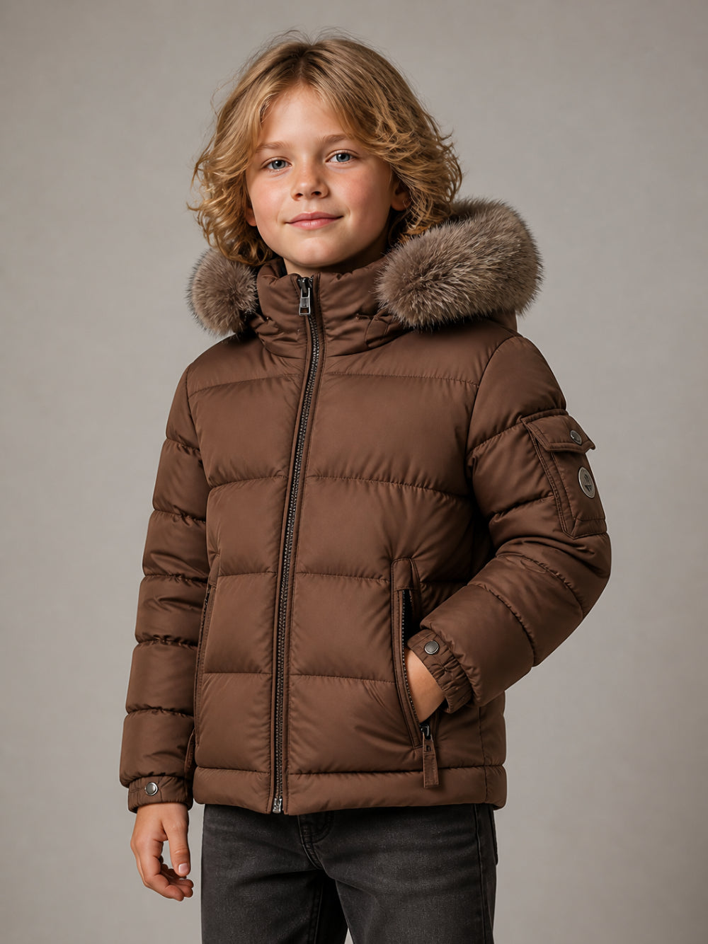 Giubbino New Byronf per bambino Moncler Kids marrone con imbottitura in piuma L29541A0005353A5E 24N MONCLER KIDS