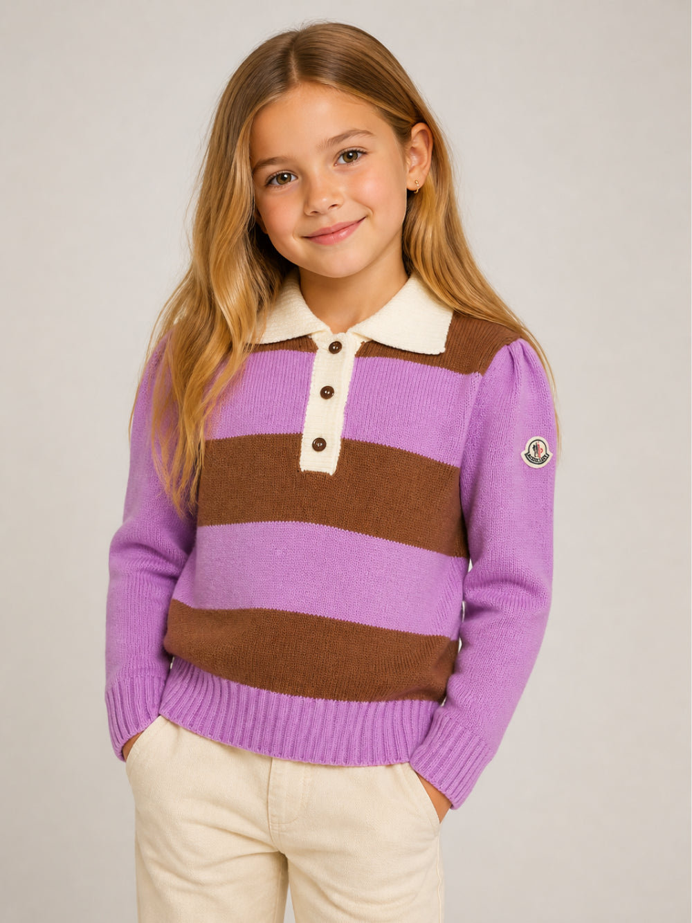 Maglione per bambina Moncler Kids viola e marrone con motivo a righe L29549A00001M4281 P52 MONCLER KIDS