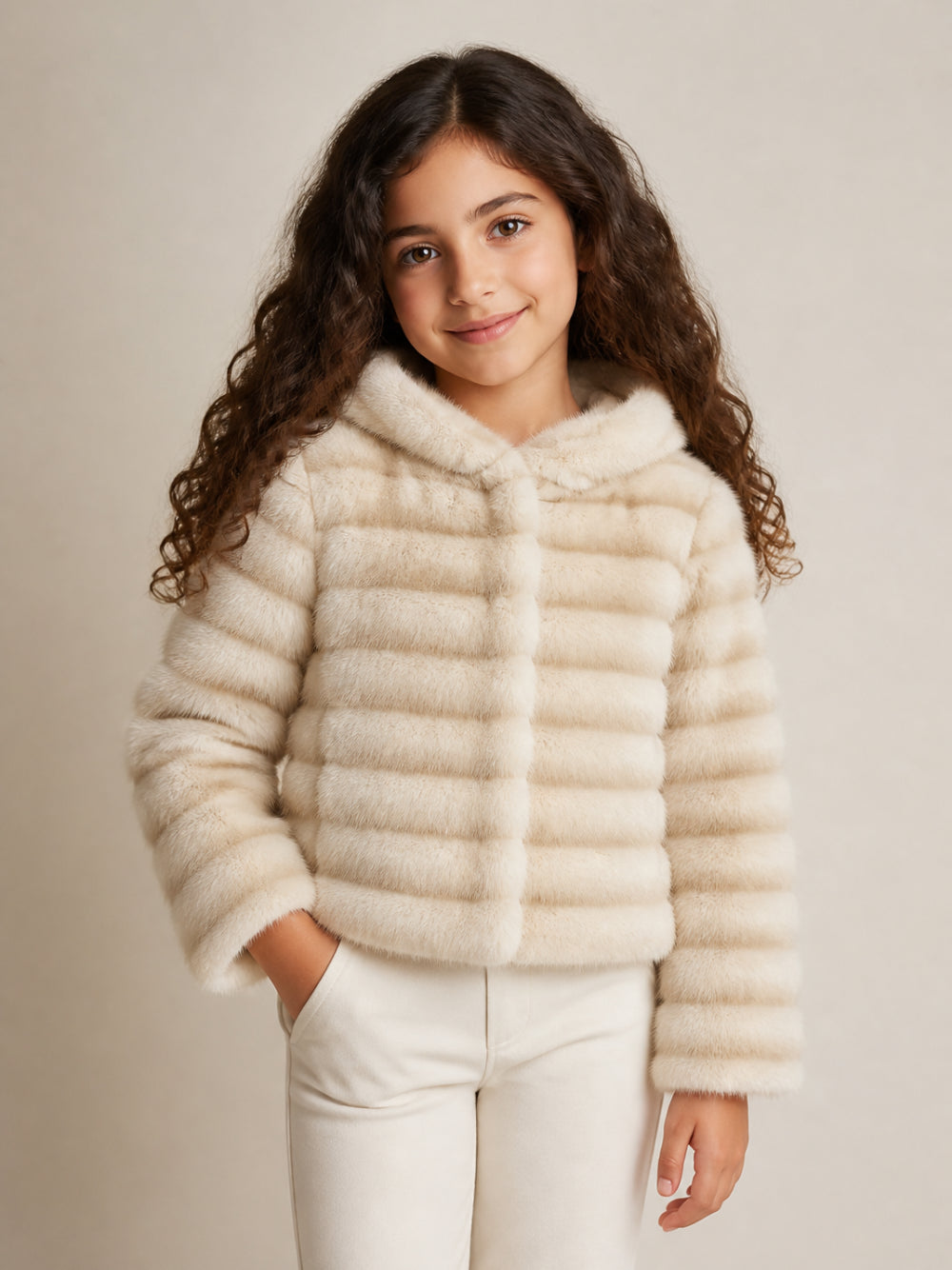 Giacca per bambina Monnalisa Kids beige in pelliccia sintetica con cappuccio 17H101 8033 0001 MONNALISA KIDS