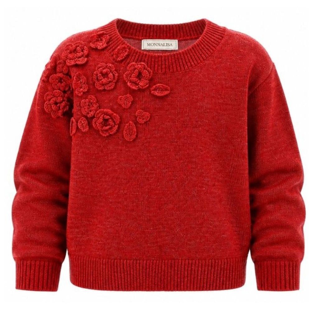 Maglione per bambina Monnalisa Kids rosso con ricamo fiori all'uncinetto sul davanti 17H602 8062 0043 MONNALISA KIDS