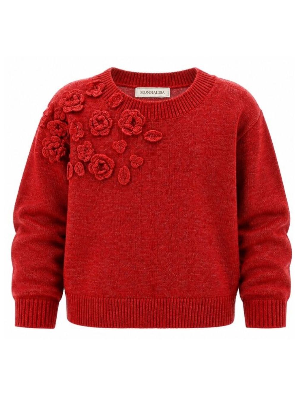 Maglione per bambina Monnalisa Kids rosso con ricamo fiori all'uncinetto sul davanti 17H602 8062 0043 MONNALISA KIDS