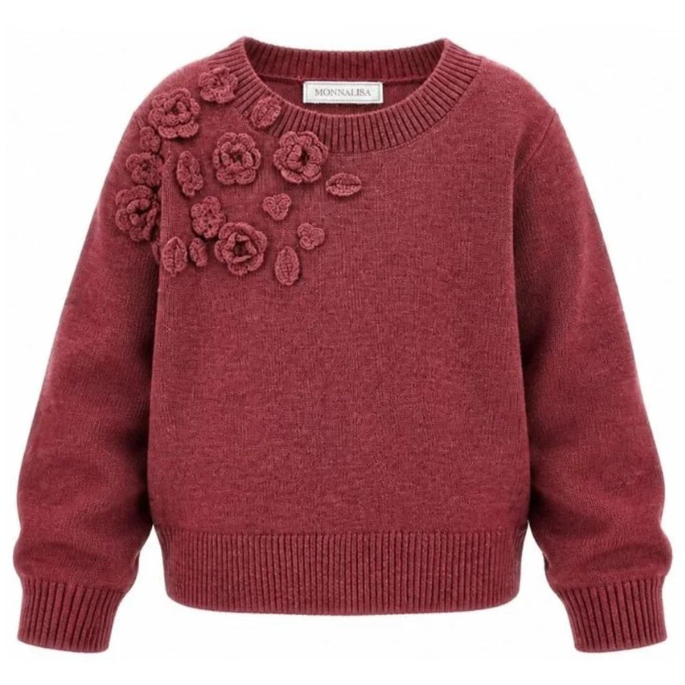 Maglione per bambina Monnalisa Kids rosa con ricamo fiori all'uncinetto sul davanti 17H602 8062 0098 MONNALISA KIDS