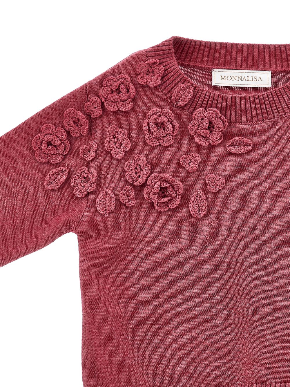 Maglione per bambina Monnalisa Kids rosa con ricamo fiori all'uncinetto sul davanti 17H602 8062 0098 MONNALISA KIDS