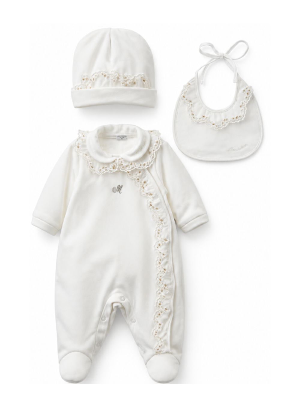 Set tutina cappellino e bavaglino per neonata Monnalisa Kids bianco con ricami floreali 35H503 8070 0001 MONNALISA KIDS