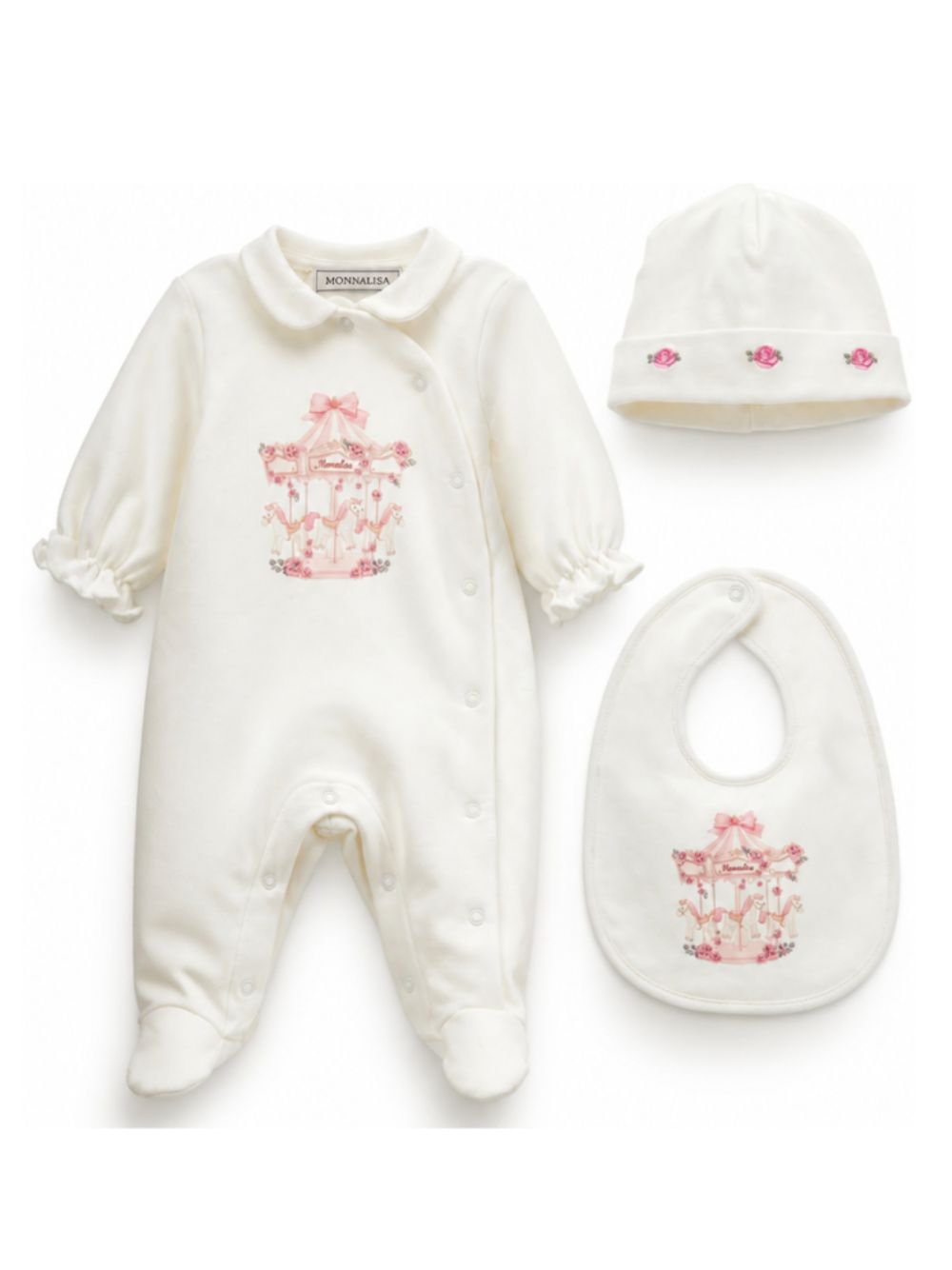 Set tutina cappellino e bavaglino per neonata Monnalisa Kids bianco con stampa grafica carosello 35H509 8000 0001 MONNALISA KIDS