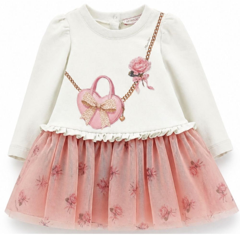 Abito per neonata Monnalisa Kids bianco e rosa con ruches e stampa grafica 39H901 8006 0001 MONNALISA KIDS