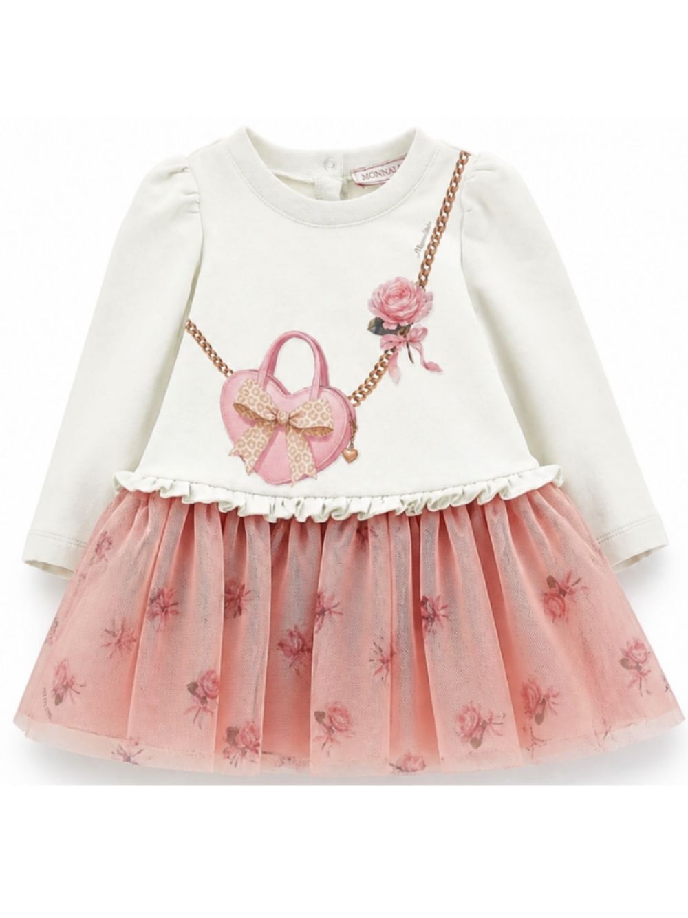 Abito per neonata Monnalisa Kids bianco e rosa con ruches e stampa grafica 39H901 8006 0001 MONNALISA KIDS