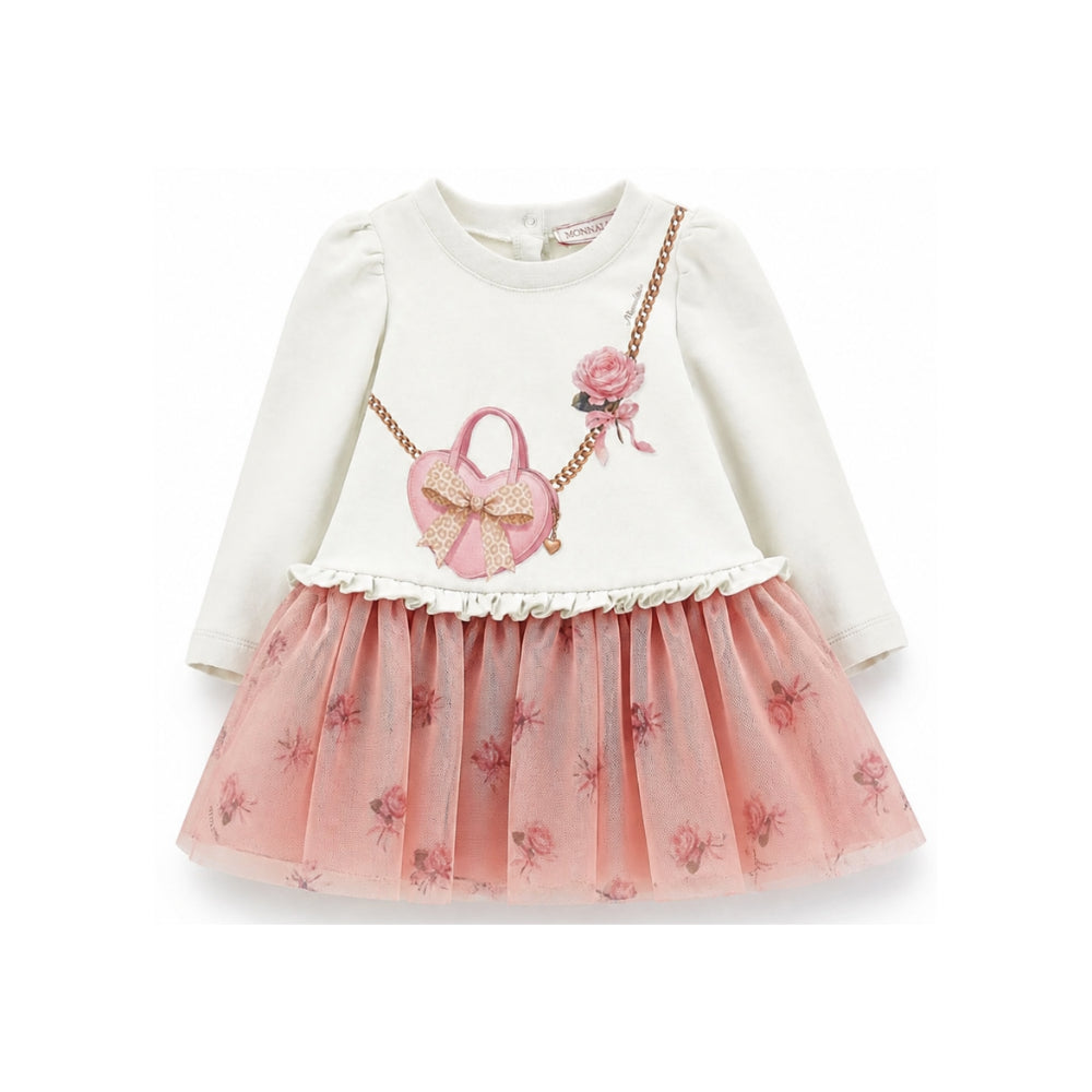 Abito per neonata Monnalisa Kids bianco e rosa con ruches e stampa grafica 39H901 8006 0001 MONNALISA KIDS