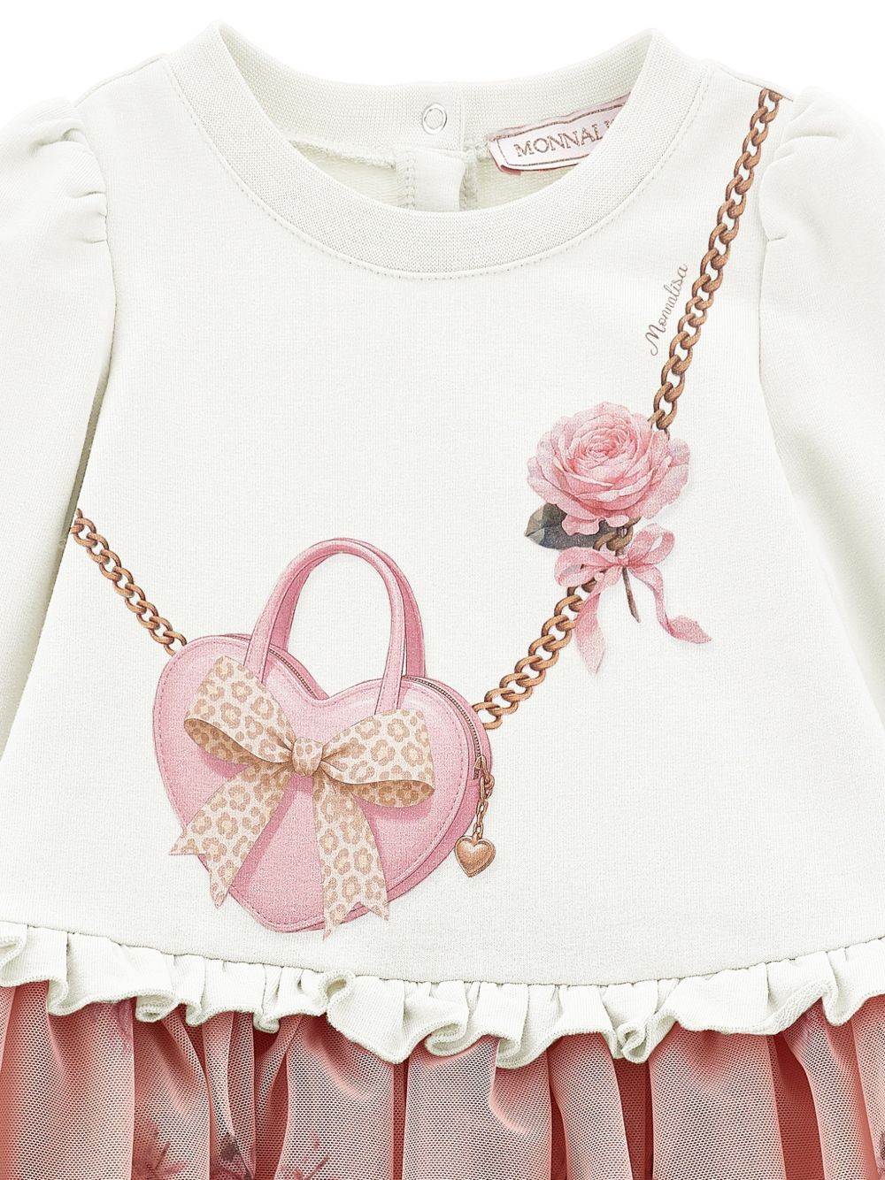 Abito per neonata Monnalisa Kids bianco e rosa con ruches e stampa grafica 39H901 8006NB 0001 MONNALISA KIDS