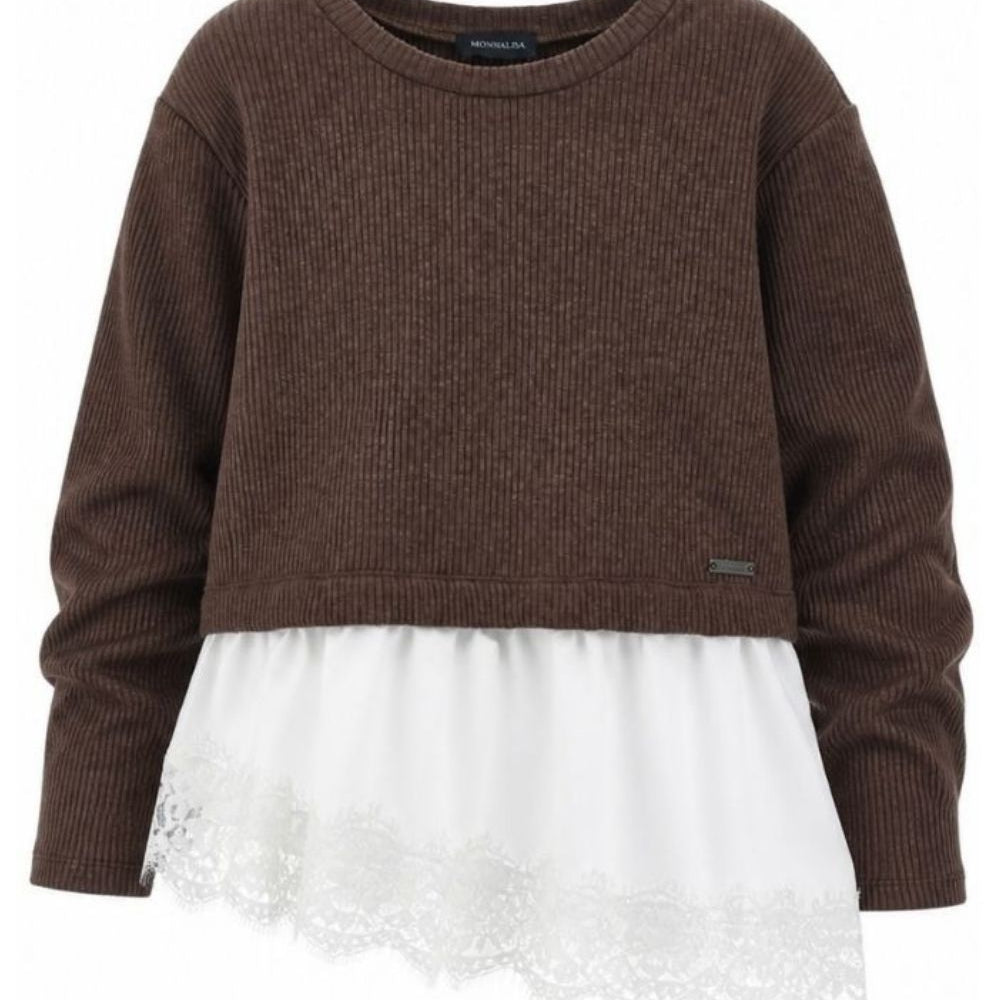 Maglione per bambina Monnalisa Kids marrone con rifinitura in pizzo 41H607 8214 0006 MONNALISA KIDS