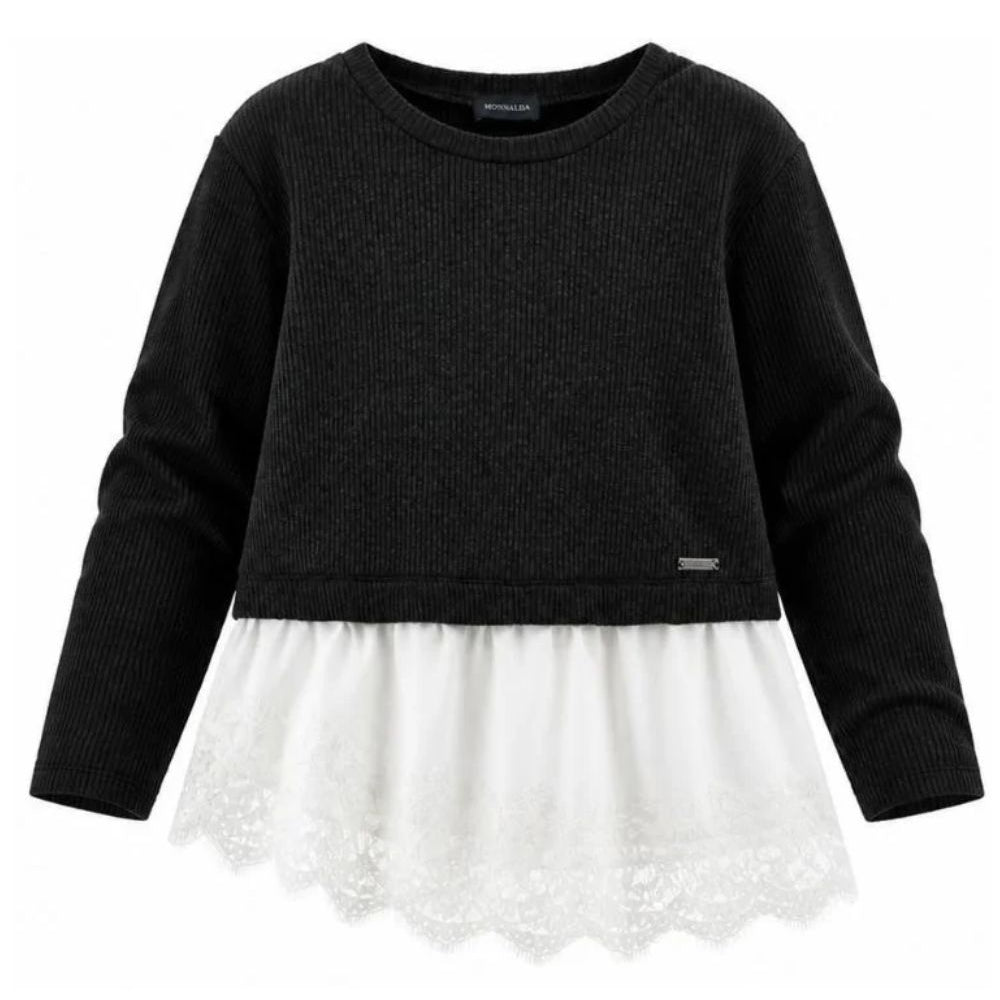 Maglione per bambina Monnalisa Kids nero con rifinitura in pizzo 41H607 8214 0050 MONNALISA KIDS