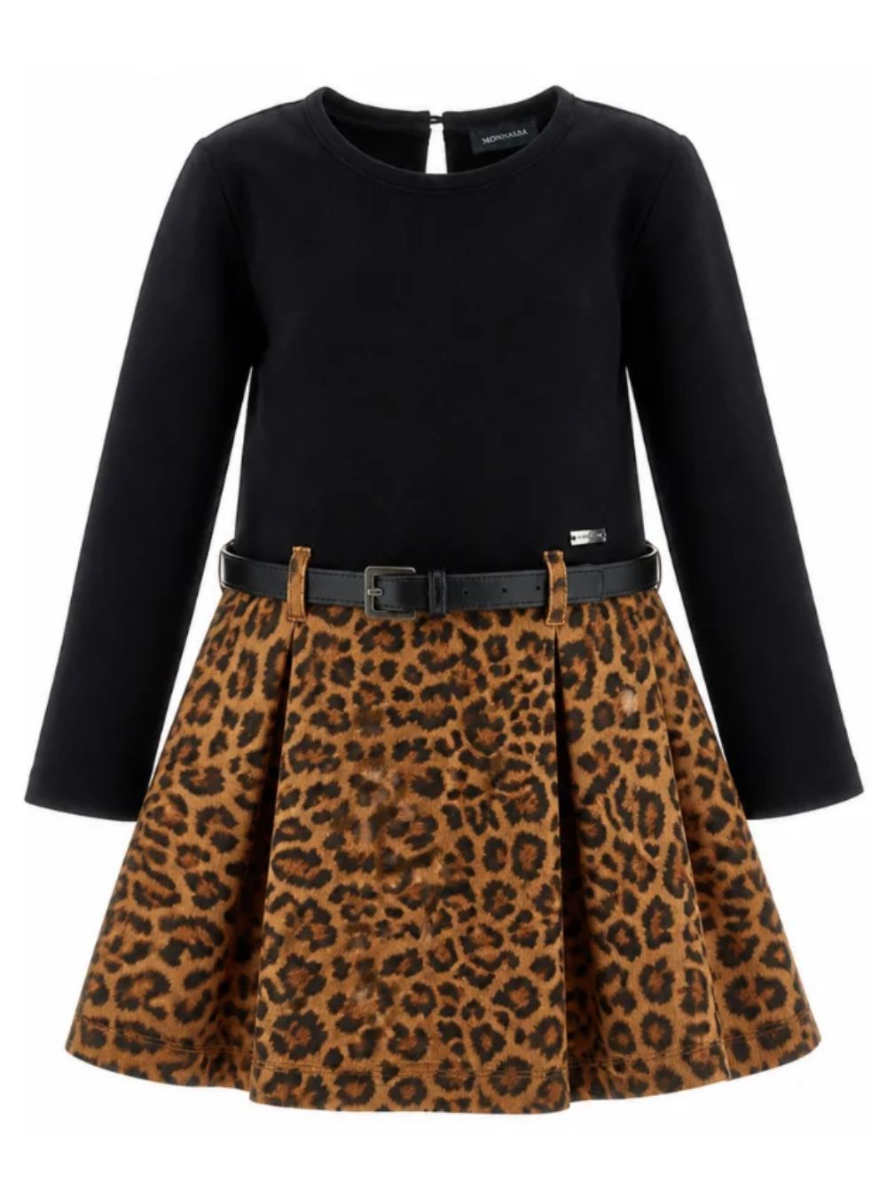 Abito per bambina Monnalisa Kids nero con motivo leopardato con cintura 41H904 8220 0050 MONNALISA KIDS
