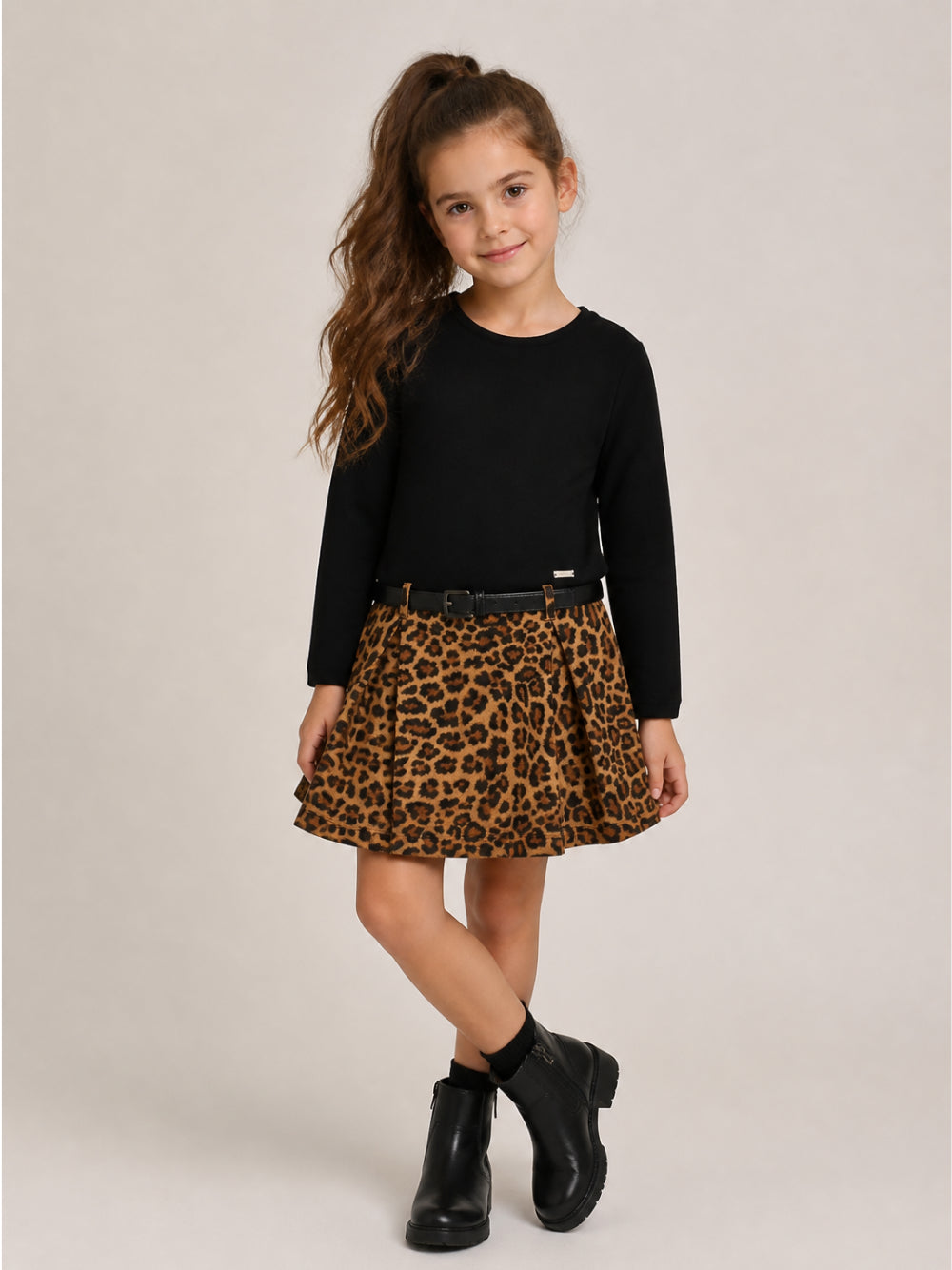Abito per bambina Monnalisa Kids nero con motivo leopardato con cintura 41H904 8220 0050 MONNALISA KIDS