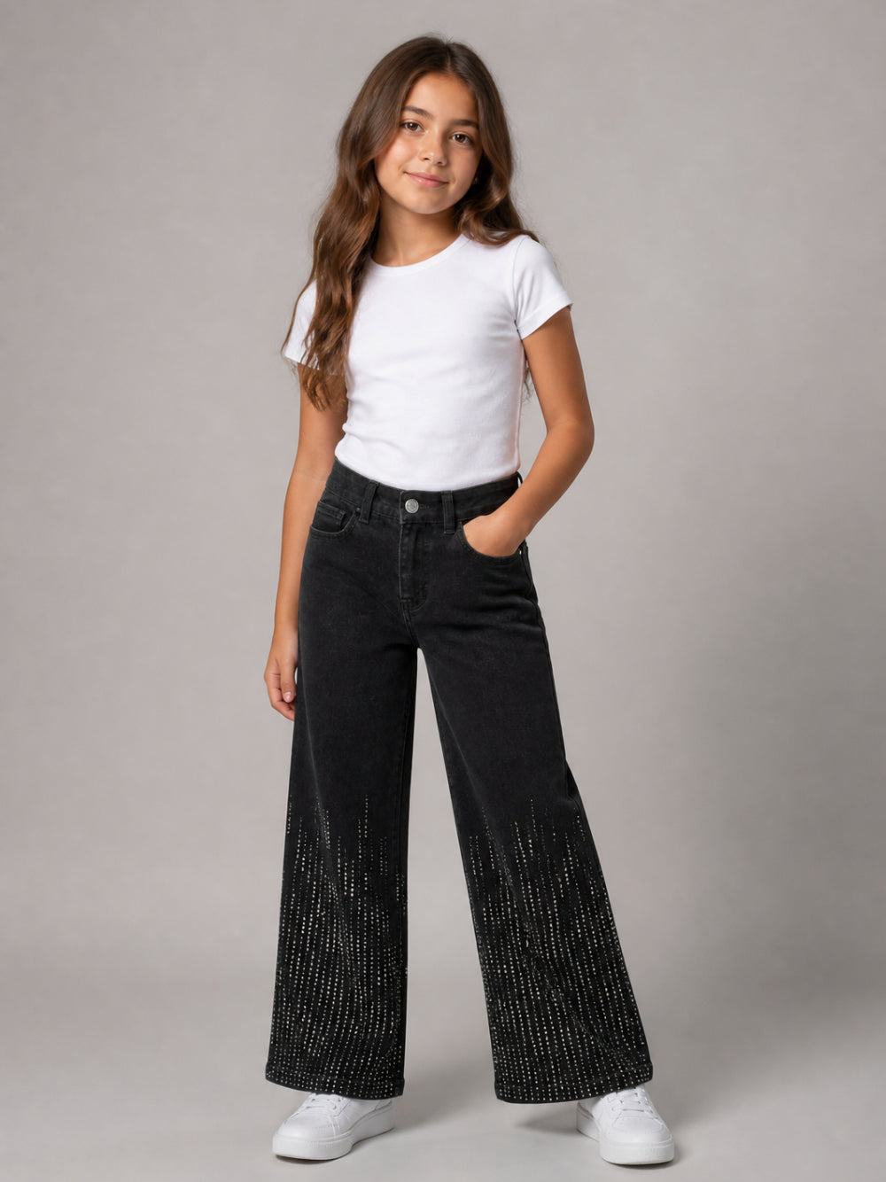 Jeans per bambina Monnalisa Kids in denim nero con decorazione con strass 79H400 8043 0031 MONNALISA KIDS
