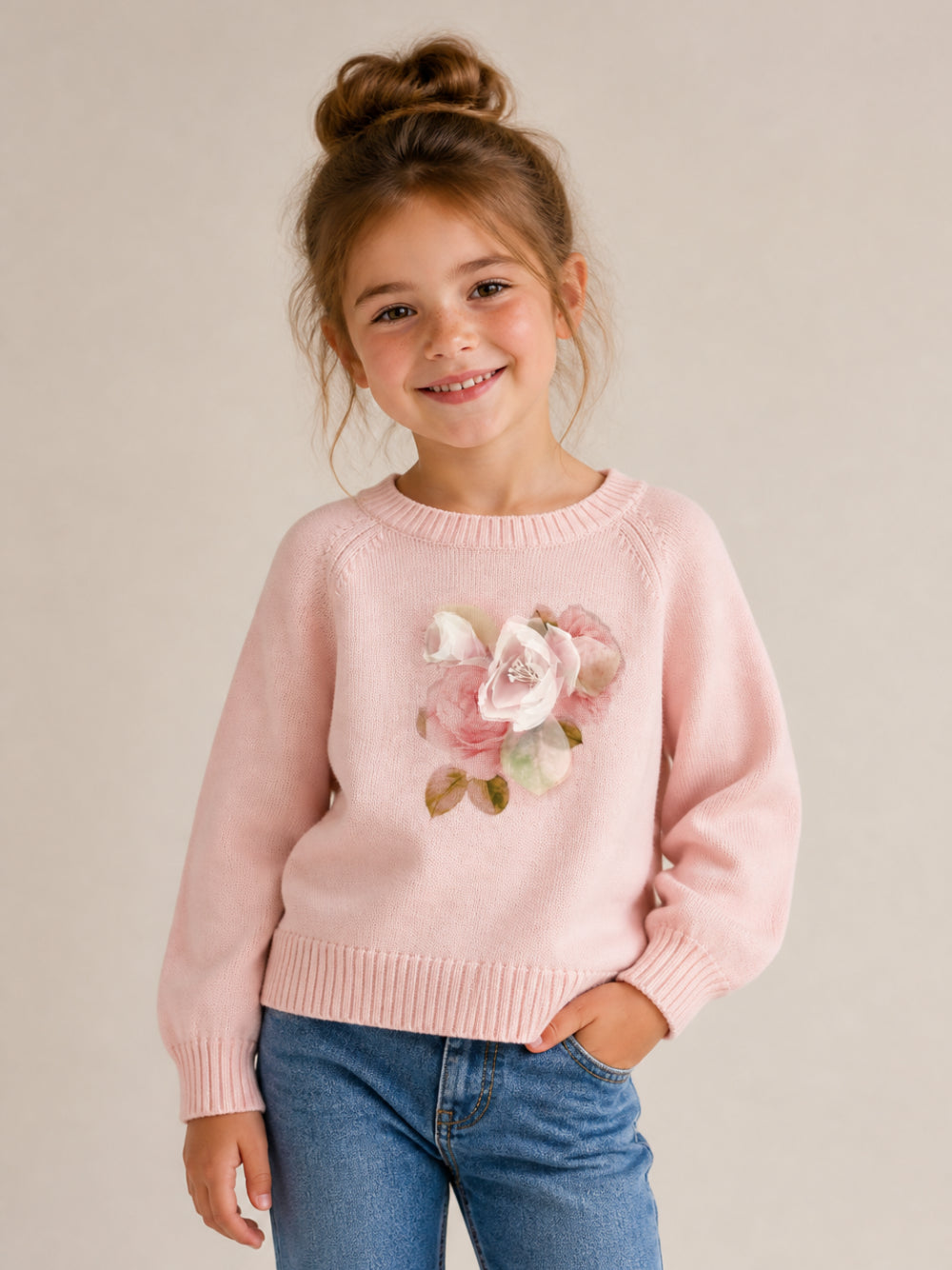Maglione per bambina Monnalisa Kids rosa con stampa grafica floreale 79H600 8062 0091 MONNALISA KIDS