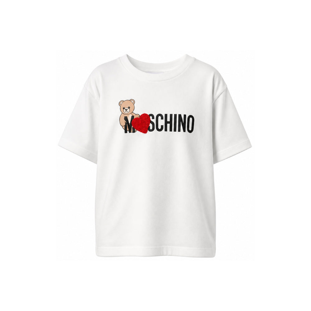 T-shirt per bambina Moschino Kids bianca con stampa Teddy sul davanti H1M060LBA11 10063 MOSCHINO KIDS