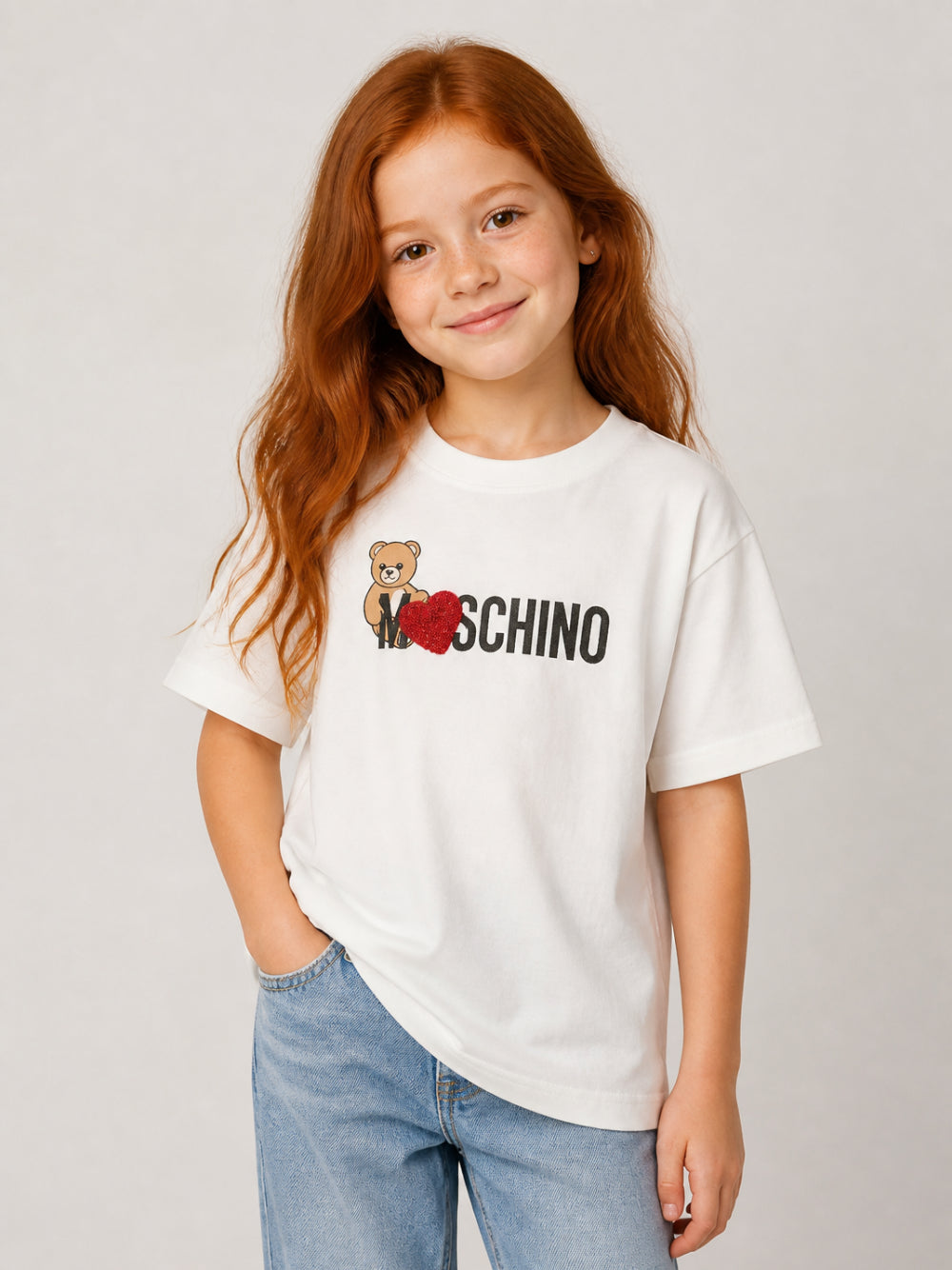 T-shirt per bambina Moschino Kids bianca con stampa Teddy sul davanti H1M060LBA11 10063 MOSCHINO KIDS