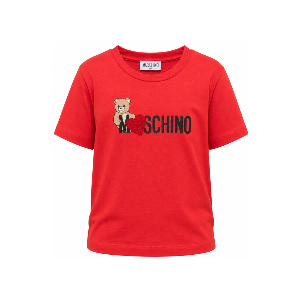 T-shirt per bambina Moschino Kids rossa con stampa Teddy sul davanti H1M060LBA11 50109 MOSCHINO KIDS