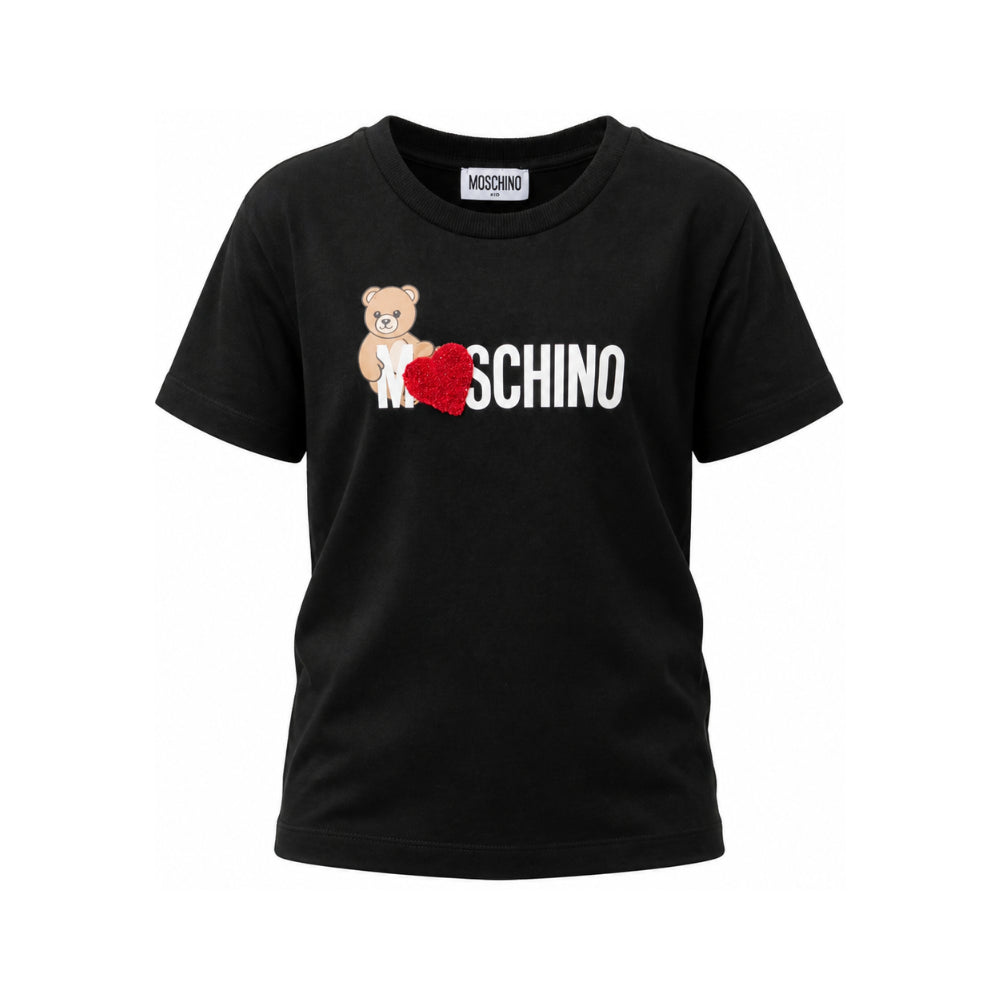 T-shirt per bambina Moschino Kids nera con stampa Teddy sul davanti H1M060LBA11 60100 MOSCHINO KIDS