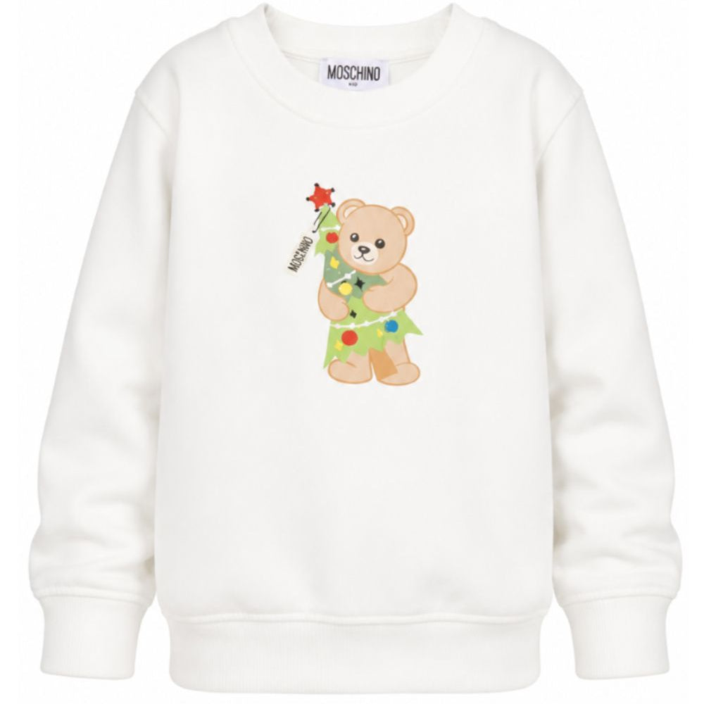 Felpa per bambini Moschino Kids bianca con stampa Teddy Bear sul davanti H5F08VLCA61 10063 MOSCHINO KIDS