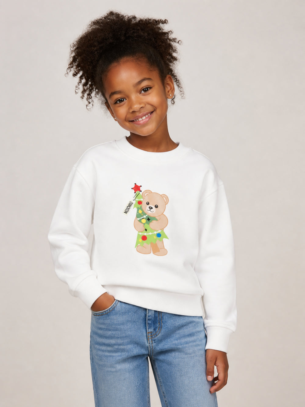 Felpa per bambini Moschino Kids bianca con stampa Teddy Bear sul davanti H5F08VLCA61 10063 MOSCHINO KIDS