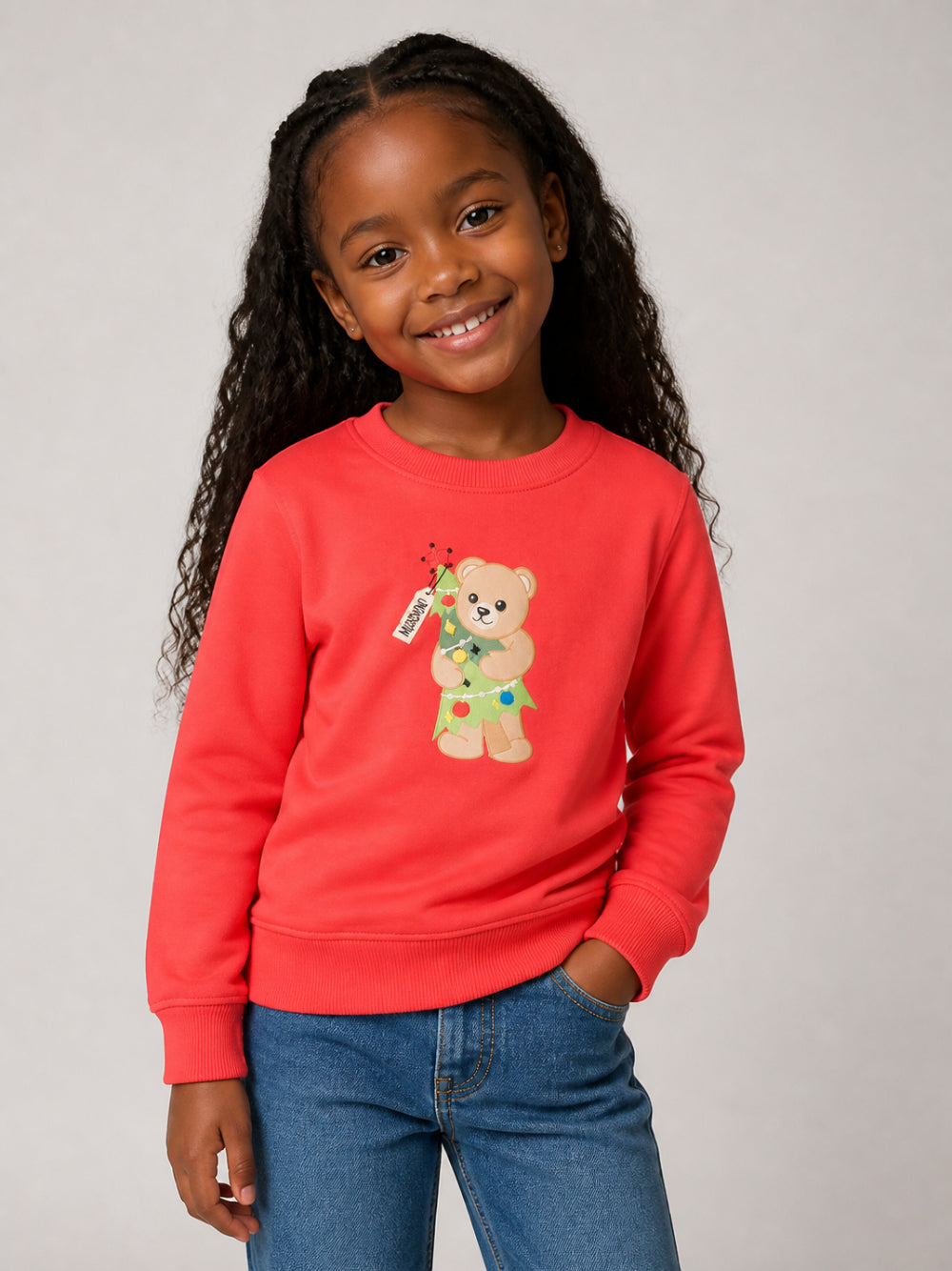 Felpa per bambini Moschino Kids rossa con stampa Teddy con albero di Natale H5F08VLCA61 50109 MOSCHINO KIDS