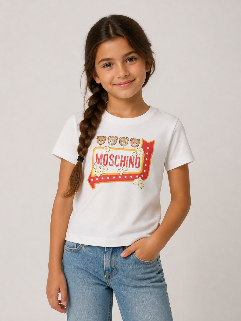 T-shirt per bambini Moschino Kids bianca con stampa grafica popcorn sul davanti H5M058LAA59 10063 MOSCHINO KIDS