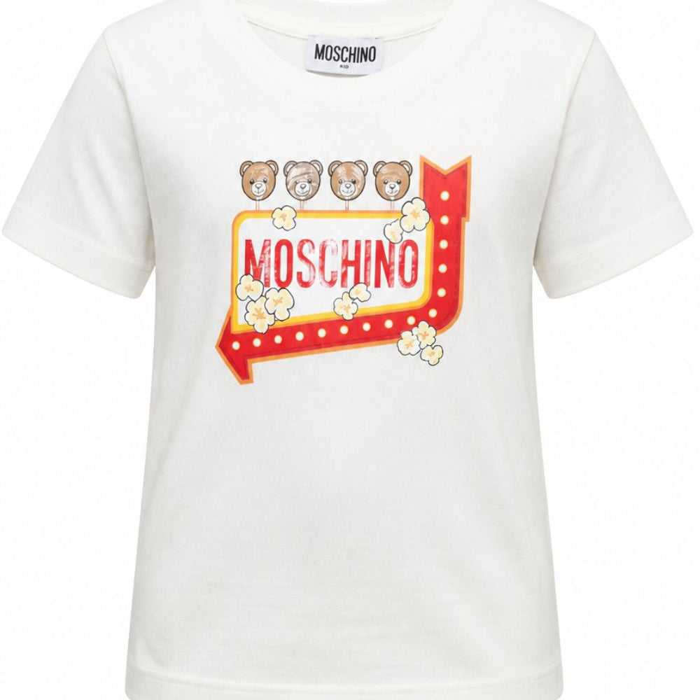 T-shirt per bambini Moschino Kids bianca con stampa grafica popcorn sul davanti H5M058LAA59 10063 MOSCHINO KIDS