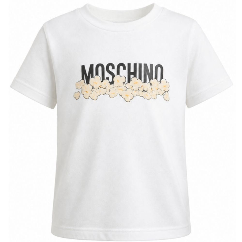 T-shirt per bambini Moschino Kids bianca con stampa grafica con logo H6M058LAA20 10063 MOSCHINO KIDS