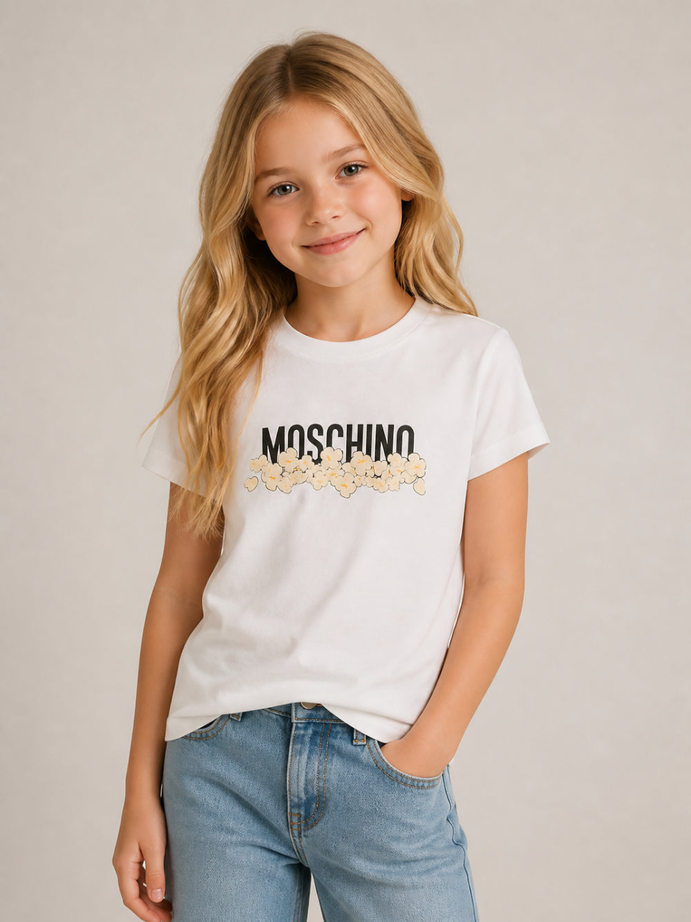 T-shirt per bambini Moschino Kids bianca con stampa grafica con logo H6M058LAA20 10063 MOSCHINO KIDS