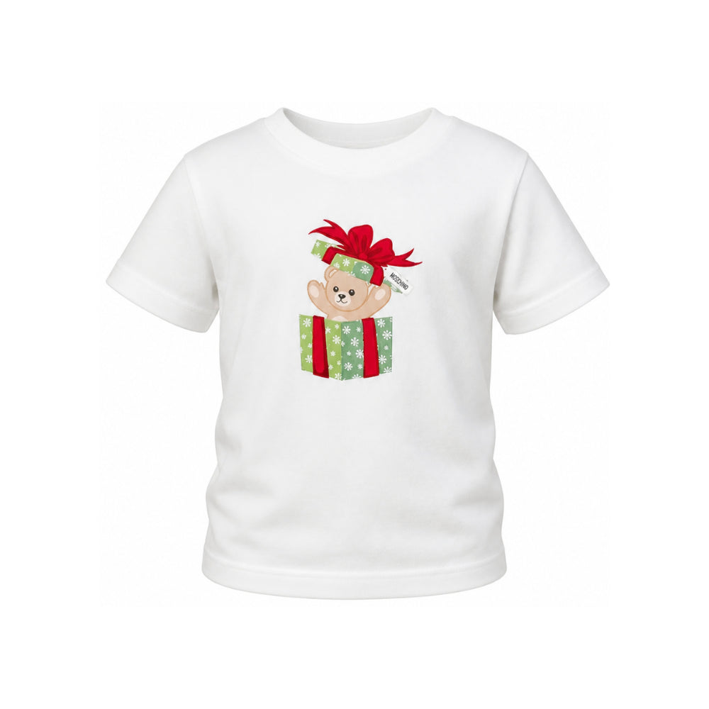 T-shirt per bambini Moschino Kids bianco con stampa orsetto sul davanti H9M058LAA10 10063 MOSCHINO KIDS
