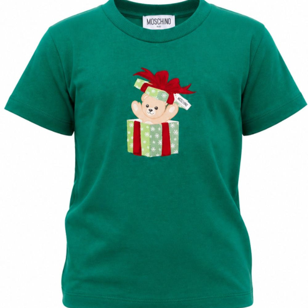 T-shirt per bambini Moschino Kids verde con stampa orsetto sul davanti H9M058LAA10 30327 MOSCHINO KIDS