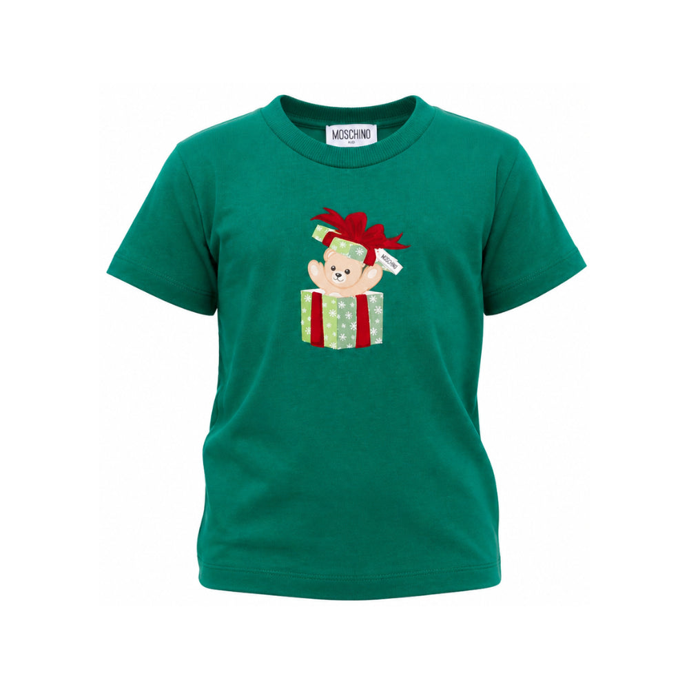 T-shirt per bambini Moschino Kids verde con stampa orsetto sul davanti H9M058LAA10 30327 MOSCHINO KIDS