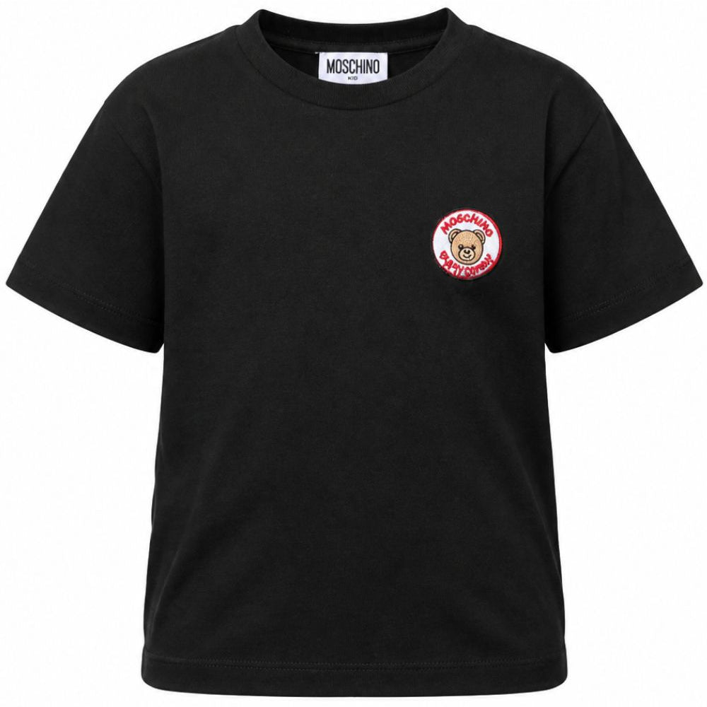 T-shirt per bambini Moschino Kids nera con Teddy Bear applicato sul petto H9M05GLAA59 60100 MOSCHINO KIDS