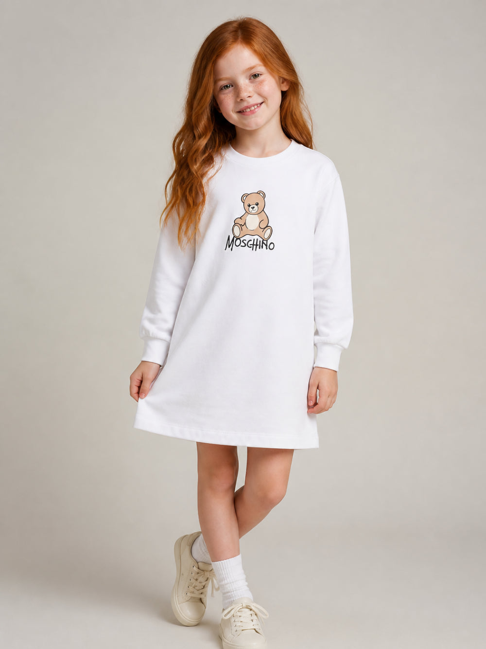 Abito per bambina Moschino Kids bianco con stampa Teddy Bear HBV0GYLCA94 10101 MOSCHINO KIDS