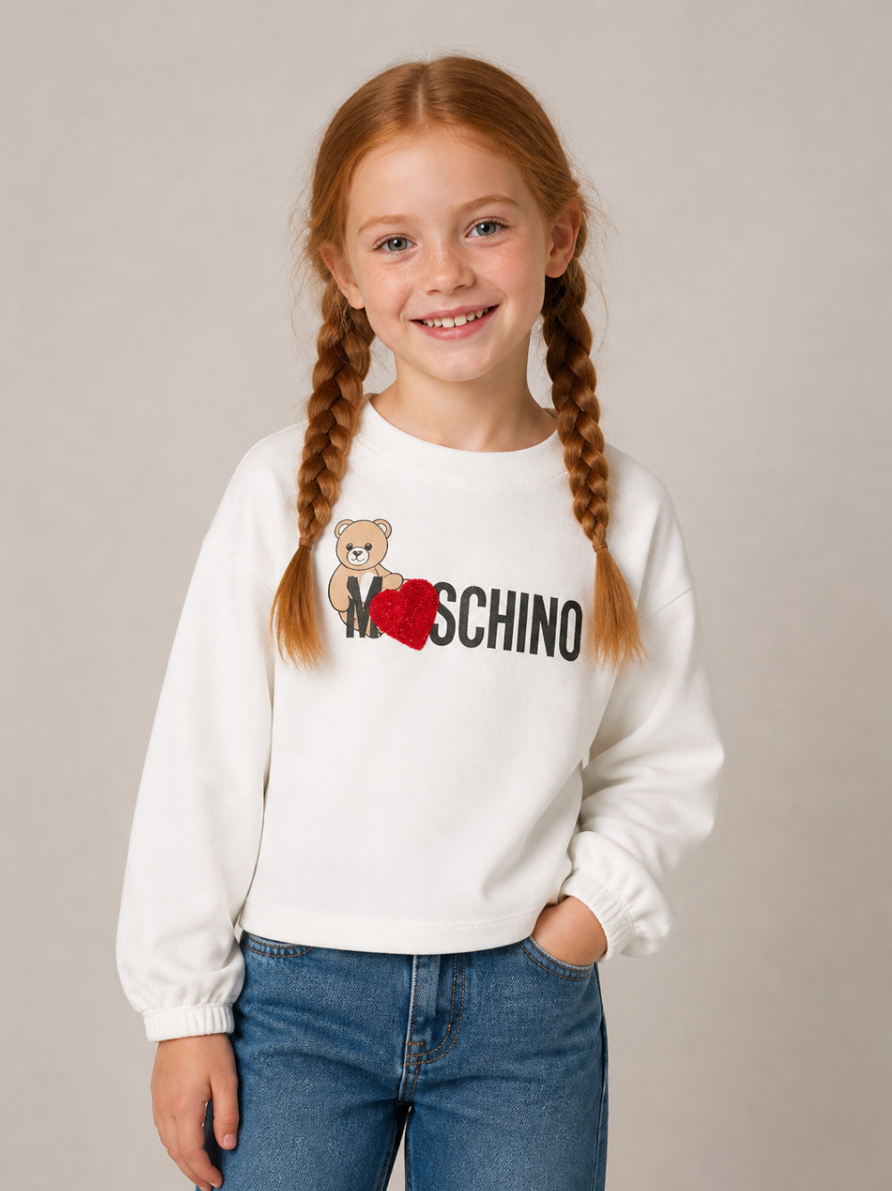 Felpa per bambina Moschino kids bianca con stampa logo sul davanti HDF06ULDA18 10063 MOSCHINO KIDS