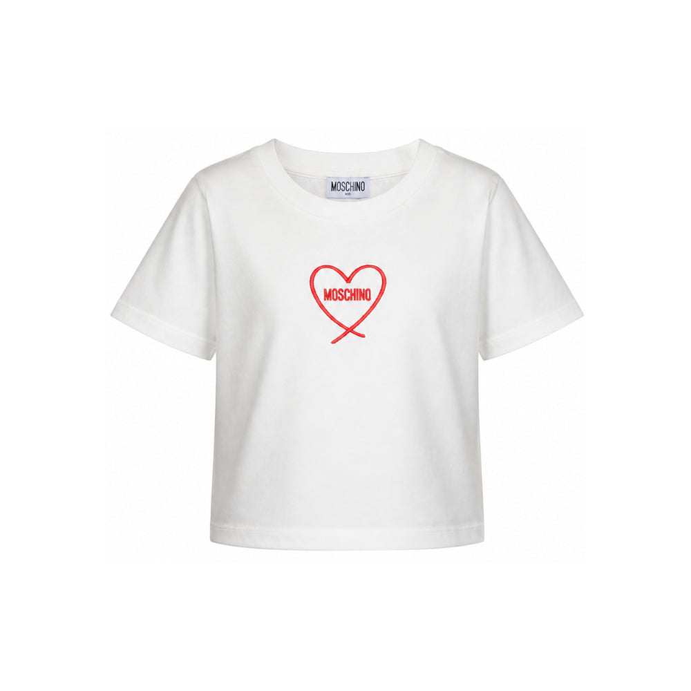 T-shirt per bambina Moschino Kids bianca con stampa cuore con logo HDM078LAA10 10063 MOSCHINO KIDS