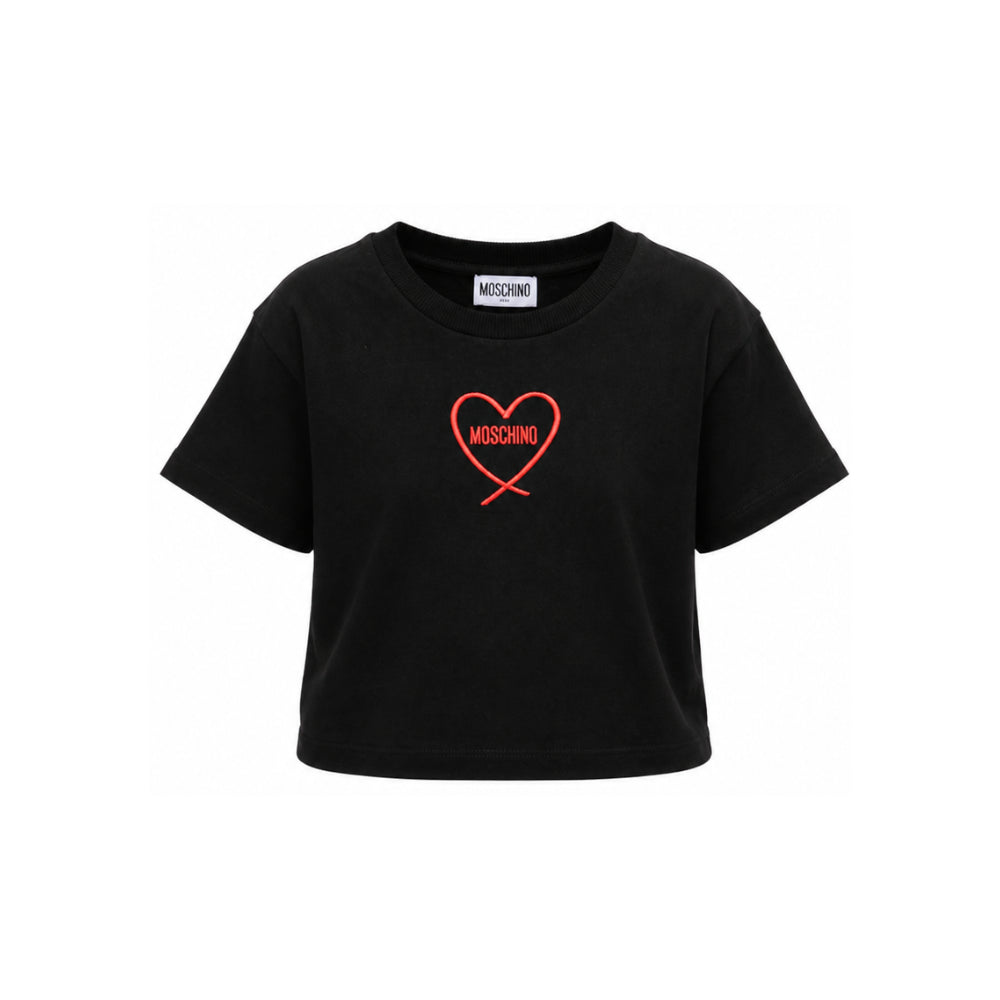 T-shirt per bambina Moschino Kids nera con stampa cuore con logo HDM078LAA10 60100 MOSCHINO KIDS