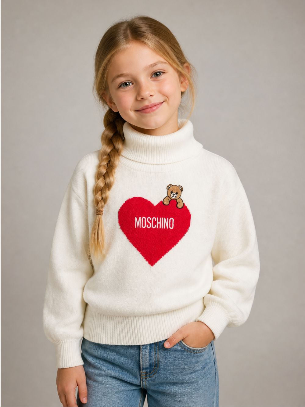 Maglione per bambina Moschino Kids bianco con stampa teddy HDW02JLHE77 10063 MOSCHINO KIDS