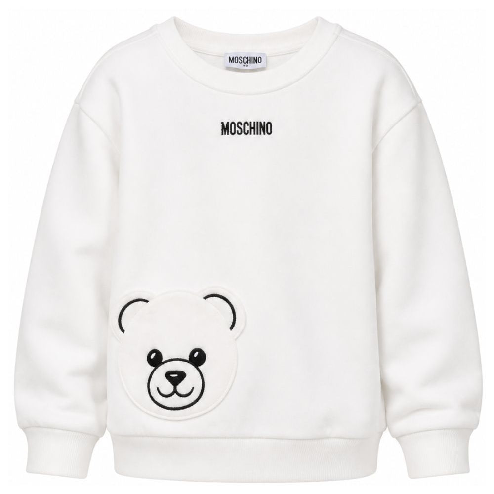 Felpa per bambini Moschino Kids bianca con toppa di orsetto di peluche sul davanti HMF095LCA93 10063 MOSCHINO KIDS