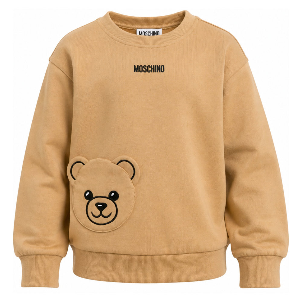 Maglione per bambino Moschino Kids beigei con ricamo teddy HMF095LCA93 20351 MOSCHINO KIDS
