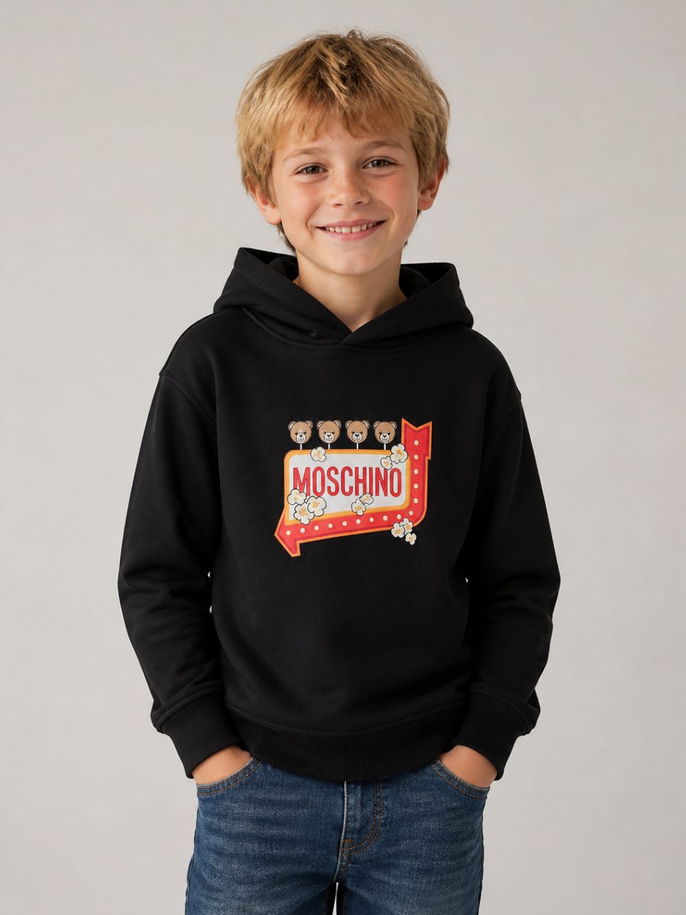 Felpa per bambino Moschino Kids nera con stampa grafica sul davanti HMF098LCA93 60100 MOSCHINO KIDS