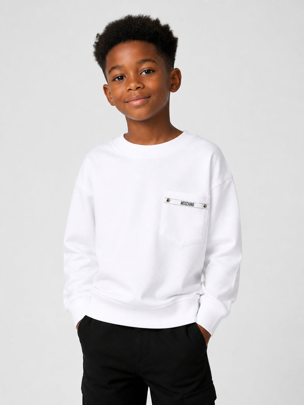 Felpa per bambini Moschino Kids bianca nastro con logo sul petto HMF09PLCA92 10101 MOSCHINO KIDS