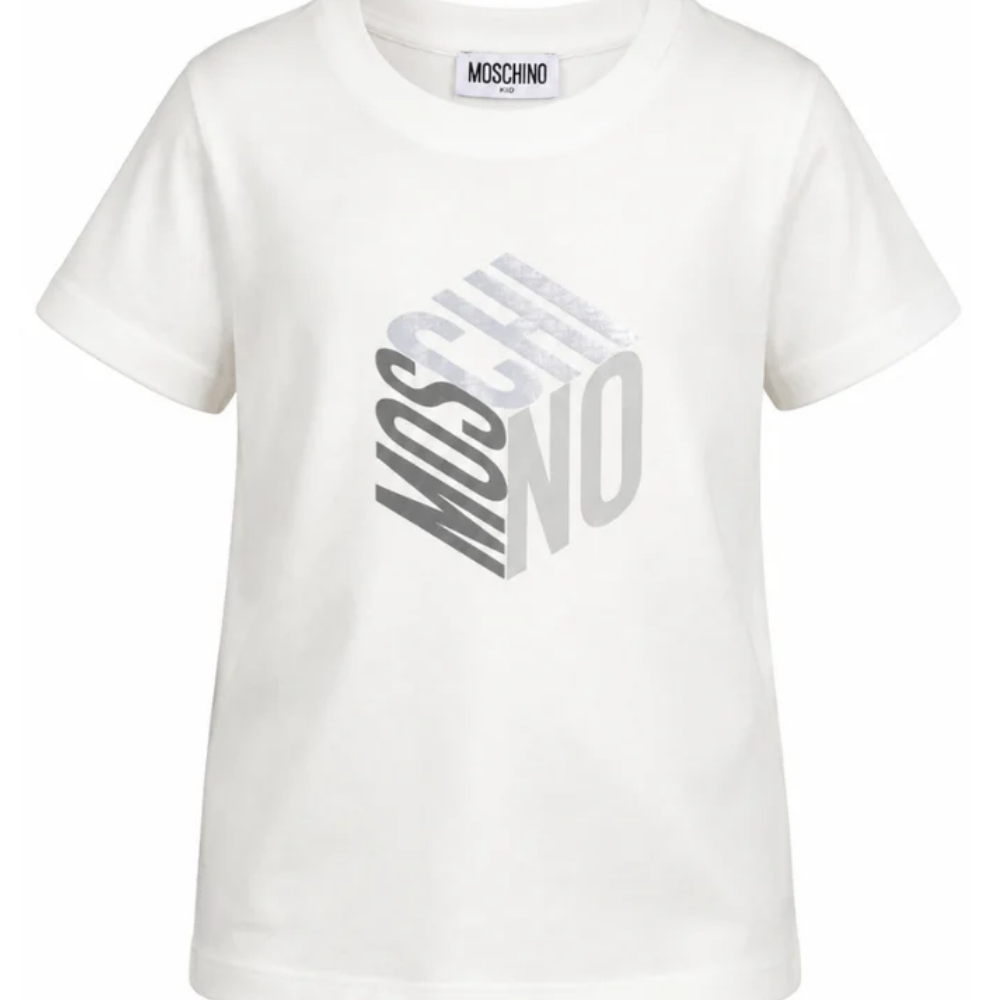 T-shirt per bambini Moschino Kids bianca con stampa grafica del logo HMM05VLAA57 10063 MOSCHINO KIDS