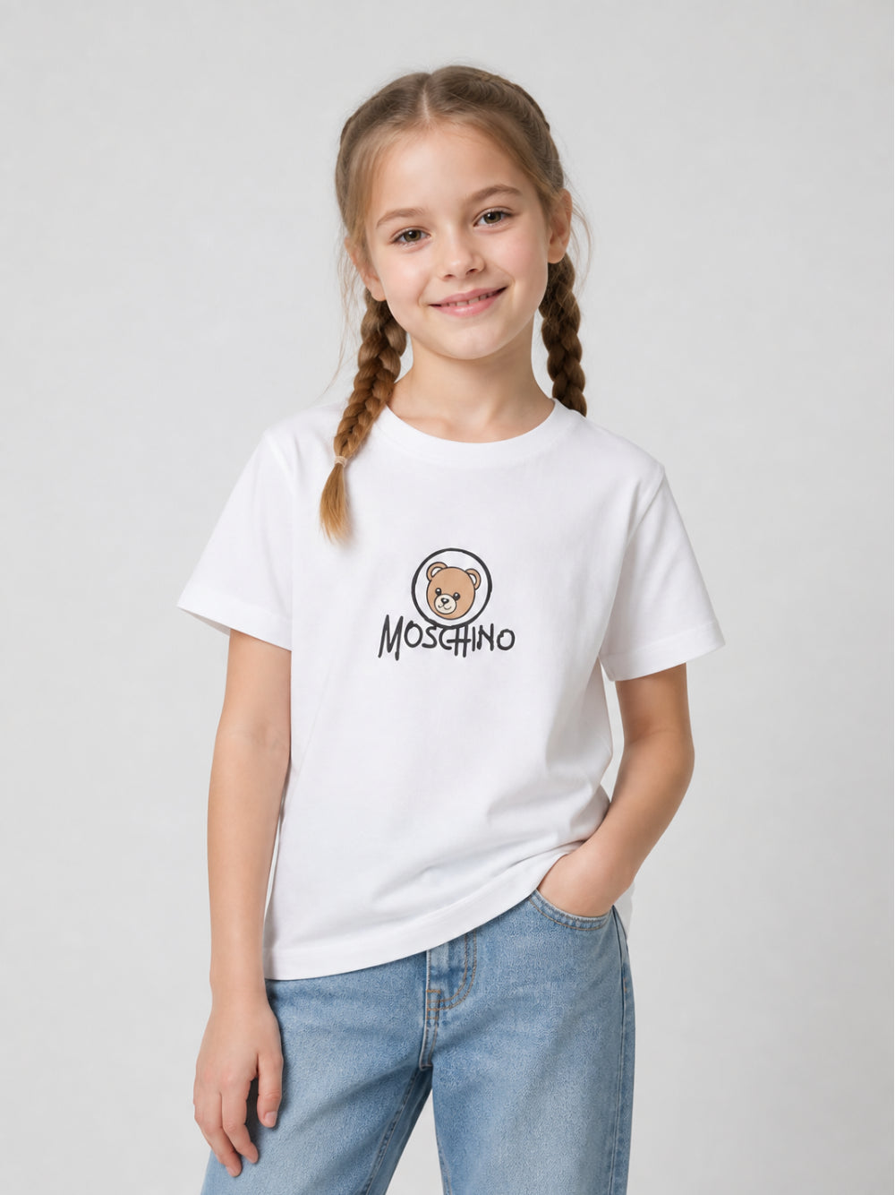 T-shirt per bambini Moschino Kids bianca con stampa Teddy sul davanti HMM05WLAA34 10101 MOSCHINO KIDS