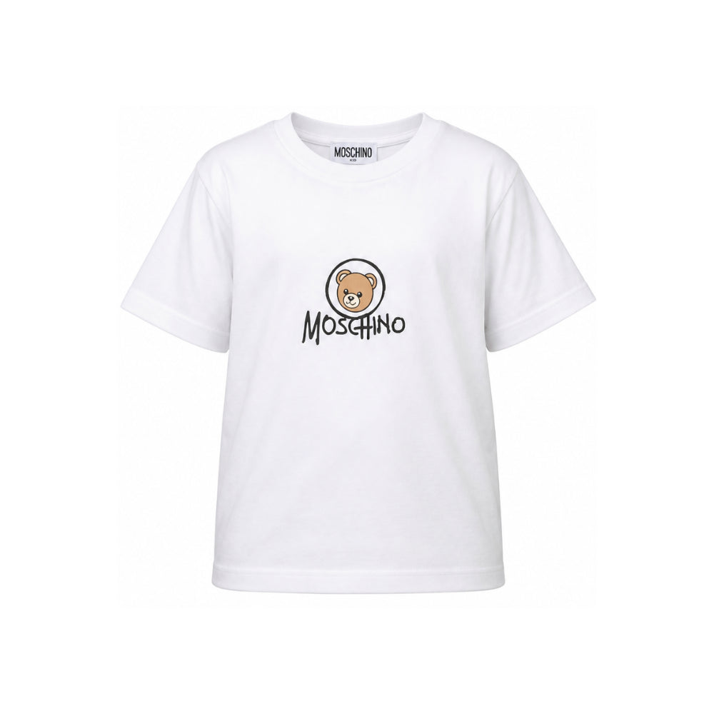 T-shirt per bambini Moschino Kids bianca con stampa Teddy sul davanti HMM05WLAA34 10101 MOSCHINO KIDS