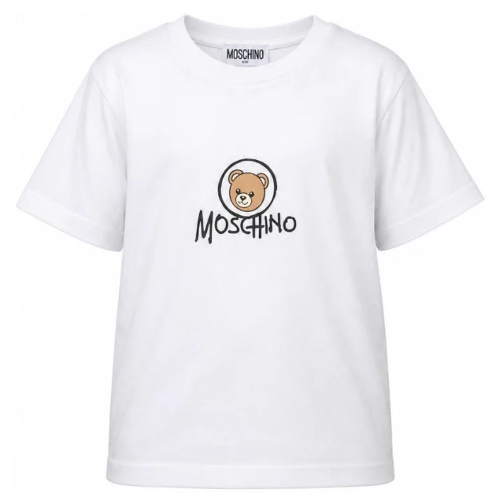 T-shirt per bambini Moschino Kids bianca con stampa Teddy sul davanti HMM05WLAA34 10101 MOSCHINO KIDS