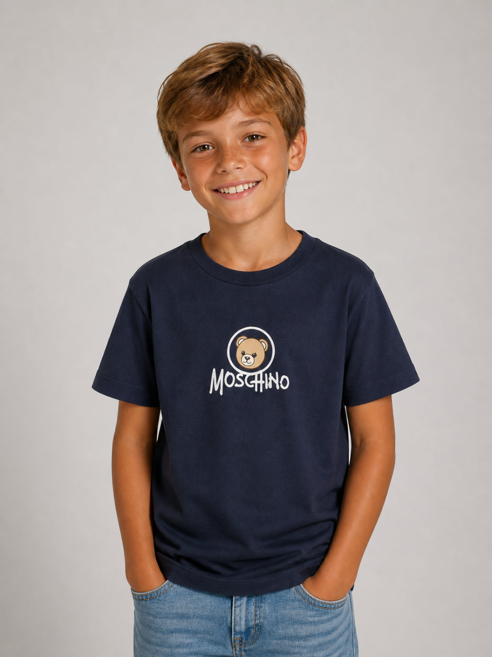 T-shirt per bambini Moschino Kids blu con stampa Teddy sul davanti HMM05WLAA34 40016 MOSCHINO KIDS