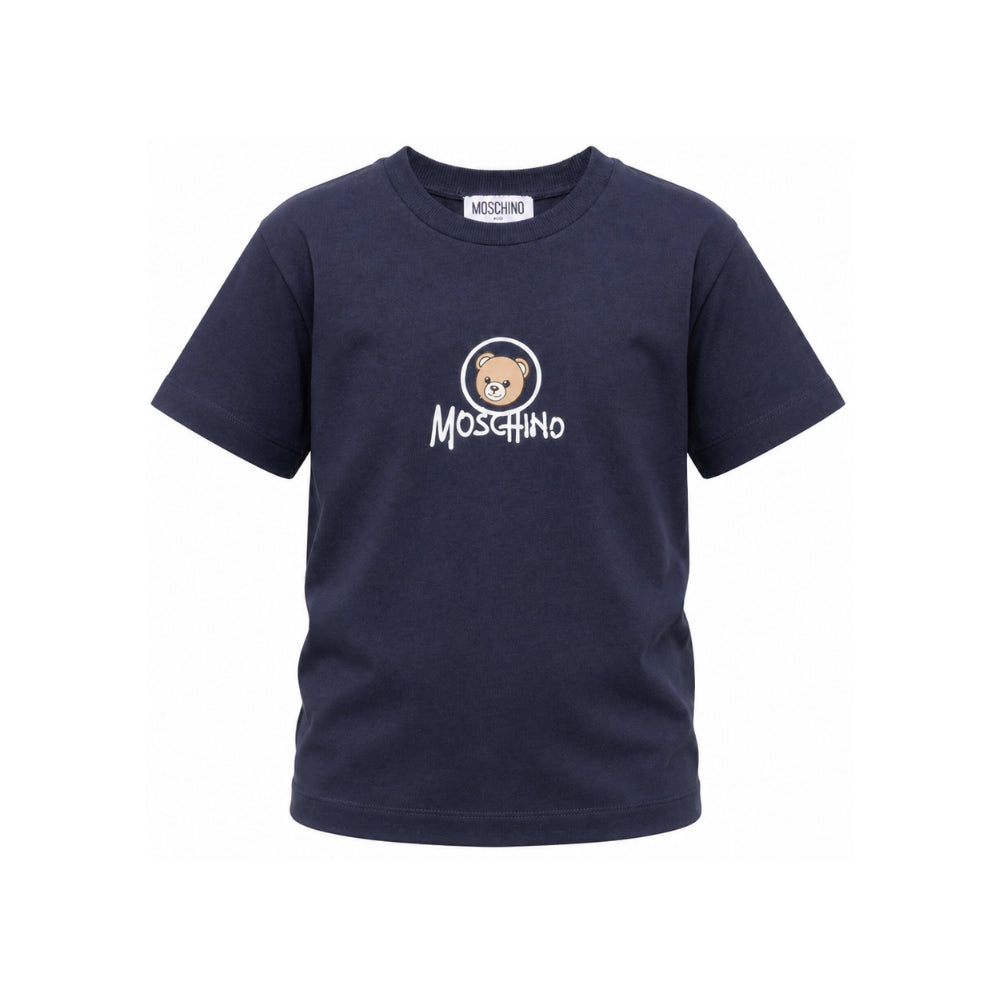 T-shirt per bambini Moschino Kids blu con stampa Teddy sul davanti HMM05WLAA34 40016 MOSCHINO KIDS